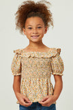 GY5717 YELLOW Girls Ruffled Bib Smocked Cinch Sleeve Top Front