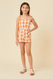 GY5725 ORANGE Girls Tie Shoulder Smocked Back Checkered Romper Full Body