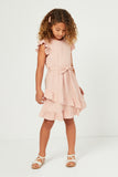 GY5734 BLUSH Girls Textured Knit Asymmetric Ruffle Hem Belted Dress Full Body