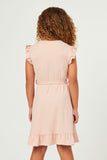 GY5734 BLUSH Girls Textured Knit Asymmetric Ruffle Hem Belted Dress Back