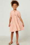 GY5750 BLUSH Girls Tasseled Tie Puff Sleeve Textured Tiered Dress  Full Body