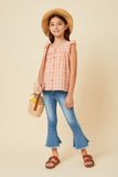 GY5757 PEACH Girls Textured Plaid Ruffled Button Up Tank Full Body