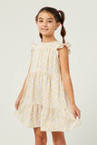 GY5772 YELLOW Girls Ditsy Floral Sleeveless Smocked Ruffle Shoulder Dress Front