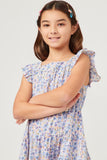 GY5800 Blue Girls Floral Print Square Neck Ruffle Shoulder Dress Detail