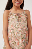 GY5850 PINK Girls Romantic Floral Ruffled Tie Detail Sleeveless Tank Dress Detail