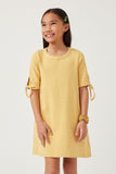 GY5944 MUSTARD Girls Tie Sleeve Striped Dress Front