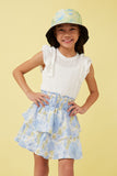 GY5967 BLUE MIX Girls Textured Floral Smocked Waist Layered Skirt Side