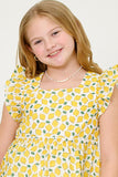 GY6034 LEMON Girls Ruffle Sleeve Lemon Print Peplum Top Front