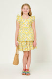 GY6034 LEMON Girls Ruffle Sleeve Lemon Print Peplum Top Full Body