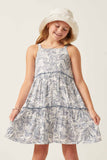 GY6038 BLUE Girls Botanical Print Tiered Tie Shoulder Dress Front