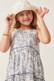 GY6038 BLUE Girls Botanical Print Tiered Tie Shoulder Dress Detail