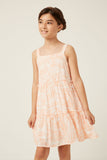 GY6038 ORANGE Girls Botanical Print Tiered Tie Shoulder Dress Front