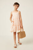 GY6038 ORANGE Girls Botanical Print Tiered Tie Shoulder Dress Full Body