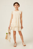 GY6052 CREAM Girls Textured Stripe Swiss Dot Ruffled Tiered Top Full Body