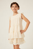 GY6052 CREAM Girls Textured Stripe Swiss Dot Ruffled Tiered Top Front