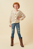 GY6099 Ivory Mix Girls Confetti Popcorn Knit Buttoned Sweater Cardigan Full Body