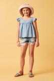 GY6110 LIGHT DENIM Girls Tencel Square Neck Ruffle Cap sleeve Top Full Body