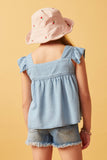 GY6110 LIGHT DENIM Girls Tencel Square Neck Ruffle Cap sleeve Top Back