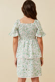 GY6135 Green Girls Floral Print Lace Detail Tiered Smock Dress Back