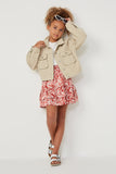 GY6141 BEIGE Girls Washed Cargo Pocket Contrast Stitch Colored Denim Jacket Full Body