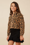 GY6144 Camel Girls Leopard Denim Zip Up Cropped Jacket Detail