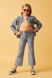 GY6153 Ligh Denim Girls Side Slit Distressed Bootcut Stretch Denim Full Body