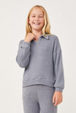 GY6156 Blue Girls Open Collar Long Sleeve Fleece Top Front