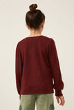 GY6159 Burgundy Girls Marled V Neck Smocked Cuff Ribbed Knit Top Back