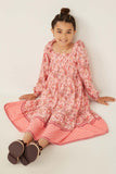 GY6252 PINK Girls Border Print Long Sleeve Ruffle Shoulder Dress Pose