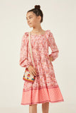 GY6252 PINK Girls Border Print Long Sleeve Ruffle Shoulder Dress Front