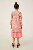 GY6252 PINK Girls Border Print Long Sleeve Ruffle Shoulder Dress Back