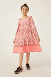 GY6252 PINK Girls Border Print Long Sleeve Ruffle Shoulder Dress Full Body