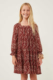 GY6269 BURGUNDY Girls Ditsy Floral Cinched Puff Sleeve Square Neck Dress Front