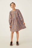 GY6280 Camel Girls Floral Printed Corduroy Cinch Cuff Dress Full Body