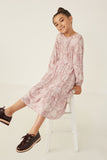 GY6285 Mauve Girls Botanical Paisley Smock Detailed Dress Pose