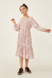 GY6285 Mauve Girls Botanical Paisley Smock Detailed Dress Front