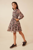 GY6291 BLACK Girls Floral Chiffon Smocked Waist And Cuff Dress Side