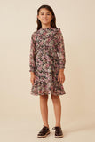 GY6291 BLACK Girls Floral Chiffon Smocked Waist And Cuff Dress Full Body