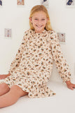 GY6300 Beige Girls Ditsy Print Stripe Textured Ruffle Bibbed Dress Pose