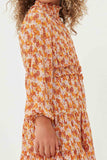 GY6325 RUST Girls Floral Print Smocked Detail Puff Sleeve Dress Detail