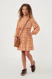 GY6325 RUST Girls Floral Print Smocked Detail Puff Sleeve Dress Full Body