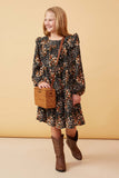 GY6338 Black Girls Floral Print Ruffle Shoulder Long Sleeve Dress Full Body