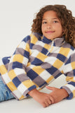 GY6340 Blue Girls Zip Up Mock Neck Plaid Fleece Top Pose