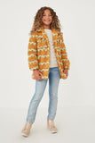 GY6343 Camel Girls Collared Check Pocket Stripe Print Sherpa Jacket Full Body