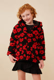 GY6345 Black Girls All Over Floral Fleece Hooded Jacket Front