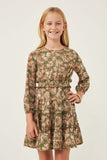 Floral Print Ruffle Smocked Waist Long Sleeve Dress