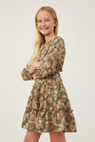 GY6348 Olive Girls Floral Print Ruffle Smocked Waist Long Sleeve Dress Side