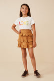 GY6367 Camel Girls Shimmery Ruffle Tiered Smocked Waist Skirt Full Body