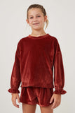 GY6376 RUST Girls Textured Velvet Cinch Sleeve Top Front