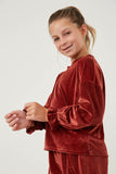 GY6376 RUST Girls Textured Velvet Cinch Sleeve Top Side 2